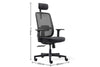 CB Fokus Ergonomic High-Back Office Chair in black on a white background next to its dimensions (Width 685mm × Depth 605mm × Height 1115mm), designed for premium workplace comfort with a breathable mesh backrest and built-in lumbar support. Features include a height-adjustable headrest, moulded foam fabric seat with seat-slide function, adjustable armrests with PU pads, a multi-locking synchro mechanism, smooth gas-lift height adjustment, and a durable nylon base with PU castors for reliable mobility in mod