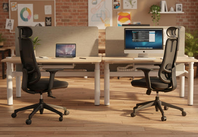 Aarhus High Back Office Chairs in black shown in a modern office interior. The interior features two ergonomic chairs positioned with an open workspace with exposed brick walls wooden flooring and greenery, highlighting contemporary office seating design and profesional workplace comfort.