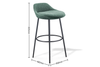 Børge Contemporary Bar Stool in green on a white background next to its dimensions (Width 450mm × Depth 465mm × Height 835mm), featuring a moulded-foam seat with premium fabric upholstery and a black powder-coated steel frame. Designed for modern hospitality, kitchen, and workspace environments, this contemporary bar stool offers durable support, ergonomic comfort, and a clean, design-focused aesthetic ideal for elevated seating areas.
