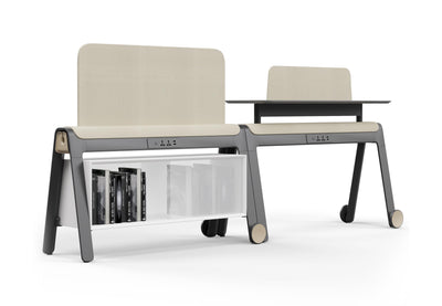 LinForm Office Divider Screen shown on a white background. This mobile divider features a powder-coated MDF surface with an aluminium frame and premium Gabriel fabric upholstery that adds warmth and acoustic softness. It includes smooth PU wheels and a built-in multifunctional socket, offering a flexible and elegant solution for modern workspaces.