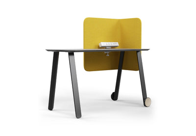 The LinForm Privacy Hot Desk shown on a white background, this modern workstation features a powder-coated MDF tabletop with smooth bevelled edges, supported by a sturdy aluminium alloy frame with sculpted legs and die-cast connectors. The desk includes a fabric privacy screen for acoustic comfort, PU castors for easy mobility, and an integrated multifunctional socket, offering a refined, flexible solution for contemporary collaborative and focused workspaces.