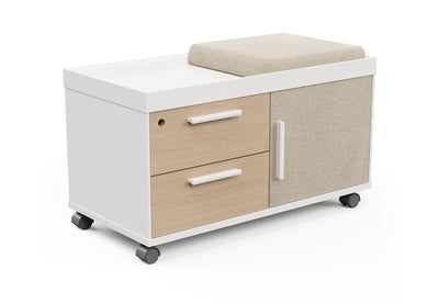 Moda Mobile Storage Cabinet on a white background, featuring a two-drawer one-door design with E0-grade particleboard, melamine finish, PVC edge banding, upholstered fabric door panel, smooth slide rails, damping hinges, ABS handles and nylon caster wheels; modern mobile office storage cabinet engineered for durable, flexible and space-efficient workspace organisation. 