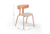 Okse Nord Stackable Chair on a white background in coral, featuring a moulded PP-GF25 back, poplar plywood seat and powder-coated steel frame, shown with dimensions width 515mm x depth 485mm x height 745mm for durable, modern, space-efficient seating.