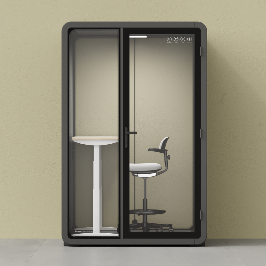 Quell+, 2-Personen-PodWooden / Dark Gray / Electric Adjustable Work Station + Stool