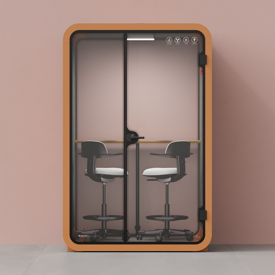 Cabina telefónica de la oficina Quell - 2 personasOrange / Dark Gray / Dual Zoom Room + Device Shelf + 2 Barstools