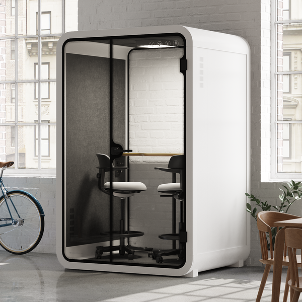 Office Phone Booth Quell - 2 PersonWhite / Dark Gray / Dual Zoom Room + Device Shelf + 2 Barstools