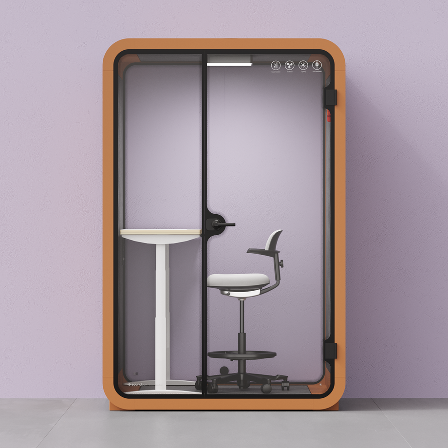 Cabina telefónica de la oficina Quell - 2 personasOrange / Dark Gray / Electric Adjustable Work Station + Stool