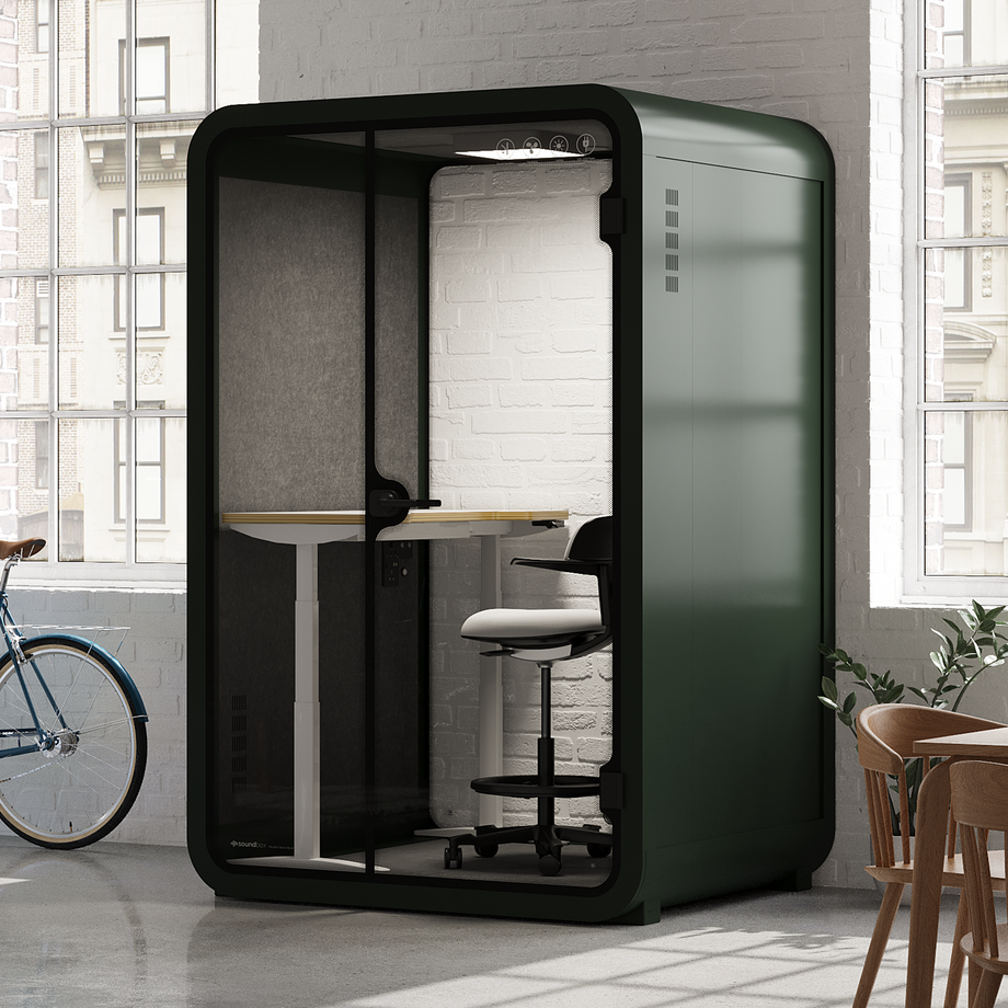 Cabina telefónica de la oficina Quell - 2 personasGreen / Dark Gray / Electric Adjustable Work Station + Stool