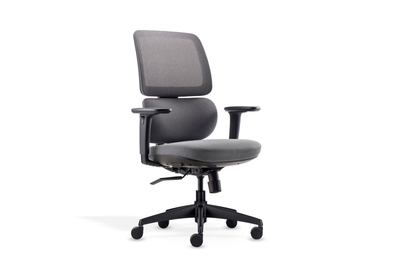 Støtte Flex Task Chair in grey with a midnight-blue frame shown on a white background, featuring a breathable Korean mesh back, moulded-foam fabric seat, midnight-blue 3D nylon armrests and a smooth synchro mechanism with multiple locking positions. Designed for ergonomic performance in modern offices, the chair includes a Class-4 Samhongsa gas lift, a durable black nylon base and black PU castors for stable, high-mobility seating.