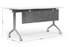 Swish Foldable Conference Table dimensions shown on a white background in white and black, displaying width 1,500mm x depth 600mm x height 750mm with PET modesty panel, centre water holder, name card slot and pen holder for modern, space-saving conference and training room use.