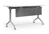 Swish Foldable Conference Table in white and black on a white background, featuring a PET modesty panel, centre water holder, name card slot, pen holder and smooth-rolling castors; modern foldable conference table designed for flexible, space-saving, ergonomic meeting and training room use.