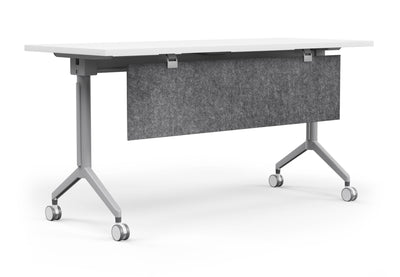 Swish Foldable Conference Table in white and black on a white background, featuring a PET modesty panel, centre water holder, name card slot, pen holder and smooth-rolling castors; modern foldable conference table designed for flexible, space-saving, ergonomic meeting and training room use.