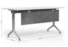 Swish Foldable Conference Table dimensions shown on a white background in white and black, displaying width 1,500mm x depth 600mm x height 750mm with PET modesty panel, centre water holder, name card slot and pen holder for modern, space-saving conference and training room use.