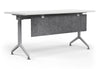 Swish Foldable Conference Table in white and black on a white background, featuring a PET modesty panel, centre water holder, name card slot and pen holder; modern foldable conference table designed for flexible, space-saving, ergonomic meeting and training room use.