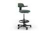 Tulip Adjustable Swivel Stool with integrated armrest and ergonomic support features, available in dark grey, light grey, orange and green. Designed with an adjustable backrest, sliding seat and tilting back support to encourage movement and reduce fatigue, it includes a smooth swivel function and round steel footrest for stability in modern offices and collaborative workspaces.