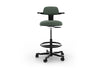 Tulip Adjustable Swivel Stool with integrated armrest and ergonomic support features, available in dark grey, light grey, orange and green. Designed with an adjustable backrest, sliding seat and tilting back support to encourage movement and reduce fatigue, it includes a smooth swivel function and round steel footrest for stability in modern offices and collaborative workspaces.