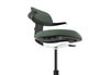Tulip Adjustable Swivel Stool with integrated armrest and ergonomic support features, available in dark grey, light grey, orange and green. Designed with an adjustable backrest, sliding seat and tilting back support to encourage movement and reduce fatigue, it includes a smooth swivel function and round steel footrest for stability in modern offices and collaborative workspaces.