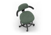 Tulip Adjustable Swivel Stool with integrated armrest and ergonomic support features, available in dark grey, light grey, orange and green. Designed with an adjustable backrest, sliding seat and tilting back support to encourage movement and reduce fatigue, it includes a smooth swivel function and round steel footrest for stability in modern offices and collaborative workspaces.