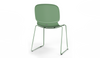 Aarhus Bistro Glide Stackable Chair by Quell Design – sculptural modern chair in morandi green moulded polypropylene shell and sleek electrostatic powder-coated steel frame. The ergonomic, contoured seat offers comfort while its stackable design makes it perfect for dynamic office, café or communal spaces.