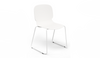 Aarhus Bistro Glide Stackable Chair by Quell Design – sculptural modern chair in white moulded polypropylene shell and sleek electrostatic powder-coated steel frame. The ergonomic, contoured seat offers comfort while its stackable design makes it perfect for dynamic office, café or communal spaces.
