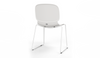 Aarhus Bistro Glide Stackable Chair by Quell Design – sculptural modern chair in white moulded polypropylene shell and sleek electrostatic powder-coated steel frame. The ergonomic, contoured seat offers comfort while its stackable design makes it perfect for dynamic office, café or communal spaces.