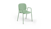 Aarhus Bistro Arm Chair by Quell Design – a modern Scandinavian-style chair in morandi green with an ergonomic moulded polypropylene seat and integrated curved armrests. Supported by slim black powder-coated steel legs, this elegant and durable chair is ideal for collaborative offices, cafés, and contemporary dining spaces, blending comfort, functionality, and minimalist design.