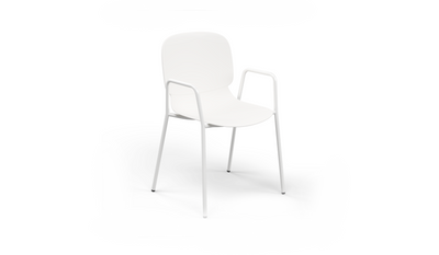 Aarhus Bistro Arm Chair by Quell Design – a modern Scandinavian-style chair in white with an ergonomic moulded polypropylene seat and integrated curved armrests. Supported by slim black powder-coated steel legs, this elegant and durable chair is ideal for collaborative offices, cafés, and contemporary dining spaces, blending comfort, functionality, and minimalist design.