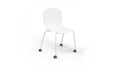 Aarhus Wheelie Chair by Quell Design — contemporary office chair with moulded polypropylene shell in a white finish, mounted on a set of smooth-glide swivel castors and a black powder-coated steel base. Ideal for dynamic work environments, home offices or collaborative spaces offering mobility, ergonomic comfort and Scandinavian minimalist style.