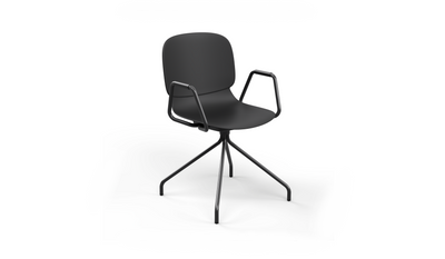 Aarhus Eiffel Arm Chair by Quell Design – a modern Scandinavian-style armchair in black with a smooth moulded polypropylene shell, curved armrests, and a signature black Eiffel-style steel rod base. Perfect for collaborative office spaces, creative meeting corners, and minimalist interiors that value mobility, visual lightness, and contemporary design.