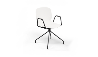 Aarhus Eiffel Arm Chair by Quell Design – a modern Scandinavian-style armchair in white with a smooth moulded polypropylene shell, curved armrests, and a signature black Eiffel-style steel rod base. Perfect for collaborative office spaces, creative meeting corners, and minimalist interiors that value mobility, visual lightness, and contemporary design.