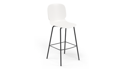Aarhus counter stool front angled view product shot on white background, modern seating for contemporary areas, offices, and workspaces, white colour.