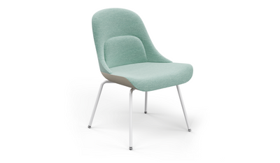 Bloom ergonomic office chair by Quell Design — pastel aqua upholstered contoured seat with linen-velvet and eco PU panels, mounted on slender black steel legs with subtle wraparound support structure. Elegant and sculptural, the chair adds refined comfort and modern design to contemporary interiors.