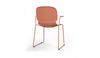 Aarhus Bistro Carver Stackable Chair by Quell Design – sculptural modern chair in coral moulded polypropylene shell with integrated armrests and sleek electrostatic powder-coated steel frame. The ergonomic, contoured seat offers comfort while its stackable design makes it perfect for dynamic office, café or communal spaces.