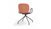 Aarhus Eiffel Arm Chair by Quell Design – a modern Scandinavian-style armchair in coral with a smooth moulded polypropylene shell, curved armrests, and a signature black Eiffel-style steel rod base. Perfect for collaborative office spaces, creative meeting corners, and minimalist interiors that value mobility, visual lightness, and contemporary design.