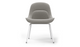 Bloom ergonomic office chair by Quell Design — soft light grey upholstered contoured seat with linen-velvet and eco PU panels, mounted on slender black steel legs with subtle wraparound support structure. Elegant and sculptural, the chair adds refined comfort and modern design to contemporary interiors.