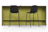 Skanfor Collaborative Breakfast Bar, front view showing the bar stools, walnut wood external, olive green internal, double-sided bar.
